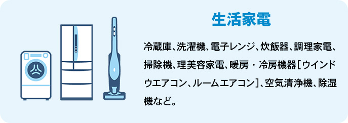 生活家電 冷蔵庫、洗濯機、電子レンジ、炊飯器、調理家電、掃除機、理美容家電、暖房・冷房機器［ウインドウエアコン、ルームエアコン］、空気清浄機、除湿機など。